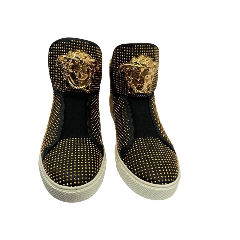 Versace Medusa Studded Black Gold Leather High Top Sneakers Mens 39.5 Italy